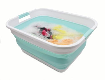 SAMMART 41L (10.8 gallon) Collapsible Plastic Laundry Basket-Foldable Pop Up Storage Container/Organizer-Portable Washing Tub, Water capacity: 32L (8.4 gallon) (Rectangular, White/Lake Green) - color: White/Lake Green