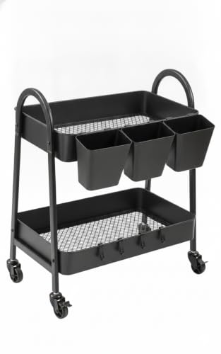 danpinera 2-Tier Rolling Cart, Utility Cart Mobile Metal Rolling Storage Cart with Lockable Wheels & Hanging Cups & Hooks for Kitchen, Bathroom, Office, Workshop - color: Black, size: Normal (2 tier)