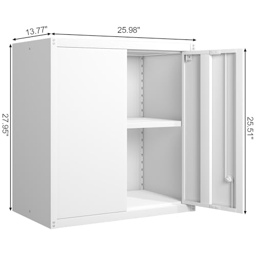 GREATMEET Locking Metal Wall Cabinet, Metal Storage Cabinet with 2 Shelves, Wall Mount Cabinet with Lock, Floating Garage Cabinets with Adjustable Shelf - color: White, size: 27.95"H
