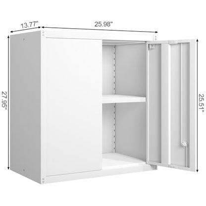 GREATMEET Locking Metal Wall Cabinet, Metal Storage Cabinet with 2 Shelves, Wall Mount Cabinet with Lock, Floating Garage Cabinets with Adjustable Shelf - color: White, size: 27.95"H