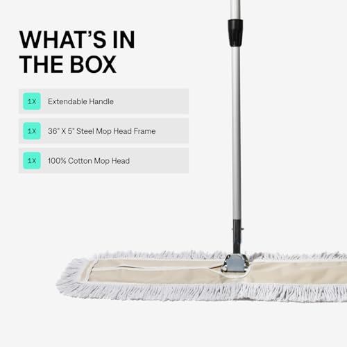 36 in. Floor Sweeper, Dust Mop for Hardwood, Reusable Cotton Mop Head, Extendable Handle, Dry Mop for Floor Cleaning & Janitorial Supplies - size: 36x5 Inch (Pack of 1)