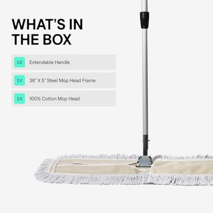 36 in. Floor Sweeper, Dust Mop for Hardwood, Reusable Cotton Mop Head, Extendable Handle, Dry Mop for Floor Cleaning & Janitorial Supplies - size: 36x5 Inch (Pack of 1)