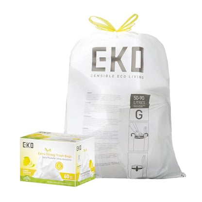 EKO 21 Gallon / 50-90 Liter, 60 Count Drawstring Trash Bags, Extra-Strong Garbage Bags, Lemon Zest Scent with Continuous Odor Control, Easy-Dispense Roll for Kitchen and Household Use, Code G, White - size: 60 Count (Pack of 1), style: 21 Gallon Bags/Code