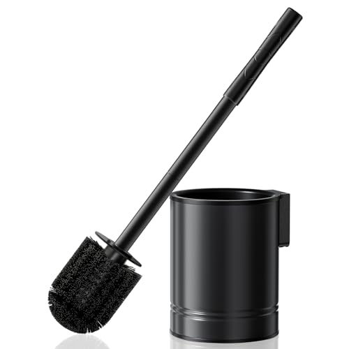HAMITOR Black Toilet Bowl Brush: Metal Rustproof Bathroom Cleaning Accessories Set with Hidden Holder for Renters - Wall-Mounted Family Compact Toilet Cleaner Kits for Apartment RV Small Space - color: Black