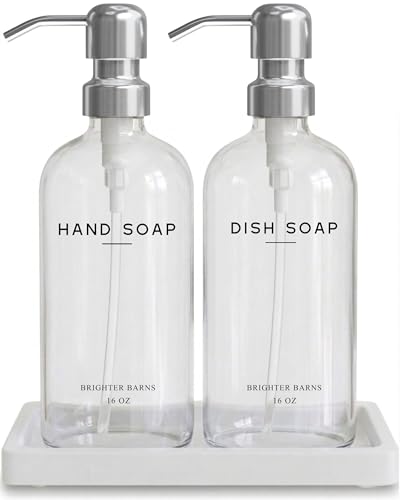 Glass Hand and Dish Soap Dispenser Set by Brighter Barns - Modern Kitchen Soap Dispensers with Stainless Steel Pump - Neutral Home Decor for Hotel, Restaurant, Vacation Rental, Airbnb (Clear/Silver) - color: Clear Silver Hd