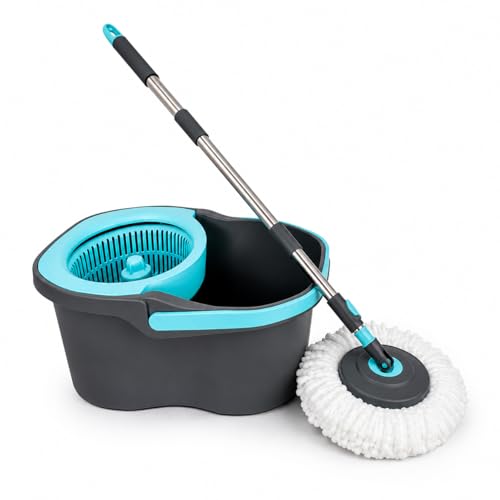 Lambert Home Mop and Bucket Set - Spin Mop with Wringer, Hands-Free Self-Wringing Microfiber Floor Mop, 2 Washable Mop Heads, 42-50 inch Stainless Steel Handle, for Hardwood Tile Laminate, Gray-Blue