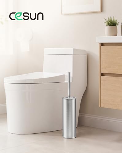 Cesun Toilet Brush and Holder Set, Curved Toilet Bowl Brush for Under Rim Cleaning, 304 Stainless Steel Holder, Weighted Base, Long Handle Toilet Scrubber, 2 Brush Heads, Silver - color: Silver