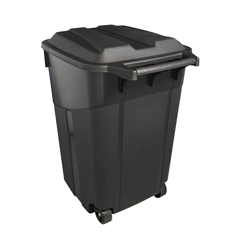 45 Gallon Wheeled Black Plastic Garbage Bin with Lid for Outdoor Use | Built-in rolling wheels enable easy moving around your patio, deck and garage with little effort