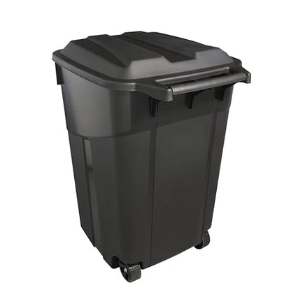 45 Gallon Wheeled Black Plastic Garbage Bin with Lid for Outdoor Use | Built-in rolling wheels enable easy moving around your patio, deck and garage with little effort