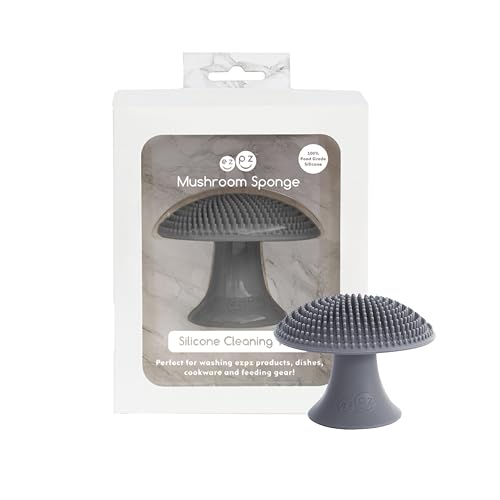 ezpz Mushroom Sponge (Gray) - Odor-Resistant Kitchen Sponge with Soft Bristles, Non-Slip Handle, Suction Base - Gently Cleans Pans, Dishes and Feeding Gear - color: Gray