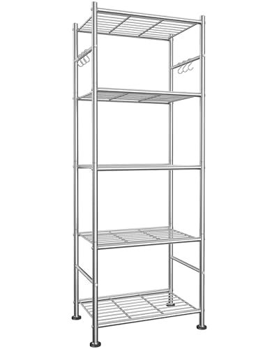 Sakugi Storage Shelves - 5-Tier Large Capacity Shelf Organizer with Hooks, Heavy-Duty Garage Shelving with Leveling Feet, Wobble-Free Rack for Bedroom, Balcony, Garage, 18.1"×12.4"×56.8", Silver - color: Silver, size: 18.1W×12.4D×56.8H(5T)