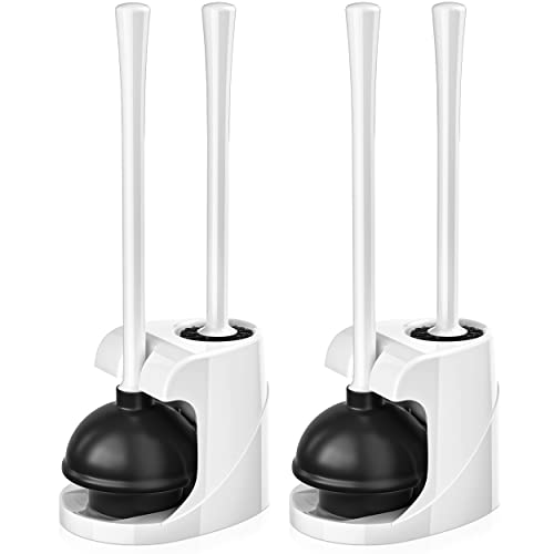 Toilet Plunger and Brush, Bowl Brush and Heavy Duty Toilet Plunger Set with Ventilated Holder, 2-in-1 Bathroom Cleaning Combo with Modern Caddy Stand for 5.7-inch Toilet Drain(White, 2 Set) - color: White