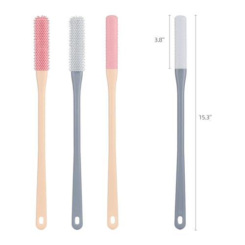 4-Pack Silicone Foot Scrubber & Toe Cleaning Brush with 15.3" Long Handle - No-Bend Shower Design for Seniors & Men & Women (Pink & Grey)