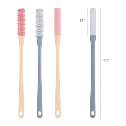 4-Pack Silicone Foot Scrubber & Toe Cleaning Brush with 15.3" Long Handle - No-Bend Shower Design for Seniors & Men & Women (Pink & Grey)