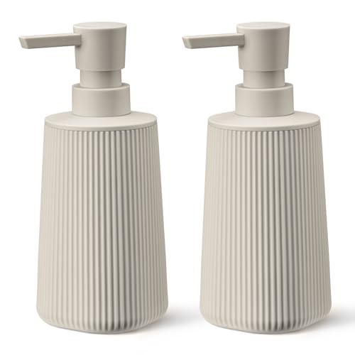 Beige 2 Pack Hand Soap Dispensers Set with No Rust Pump for Bathroom and Kitchen Countertops Refillable Matte Striped Plastic 8.5 oz - color: Beige Set of 2