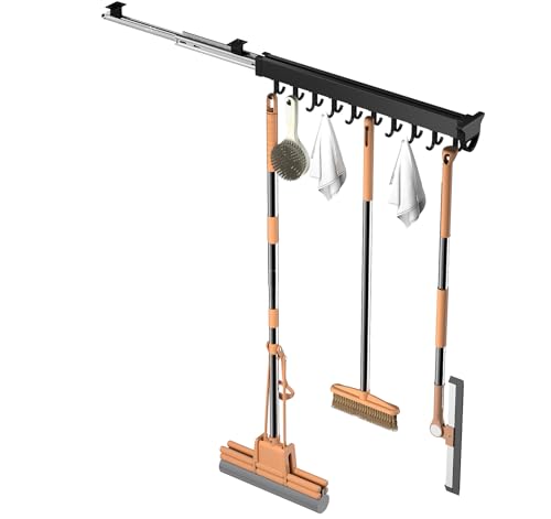 Pull-out Mop and Broom Holder with 20 Sliding Hooks, Slide Broom Closet Organizer Sliding Garage Storage Rack for Home Kitchen Wardrobe Closet Laundry Cupboard