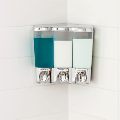 Better Living Clear Choice Shower Dispenser 3 Chamber, Wall Mount Shower Soap Pump Dispenser for Bathroom Hotel Body Wash, No Drill Adhesive, Waterproof Dispenser, 3 x 14.2 oz, Chrome - color: Chrome, size: Three Chamber
