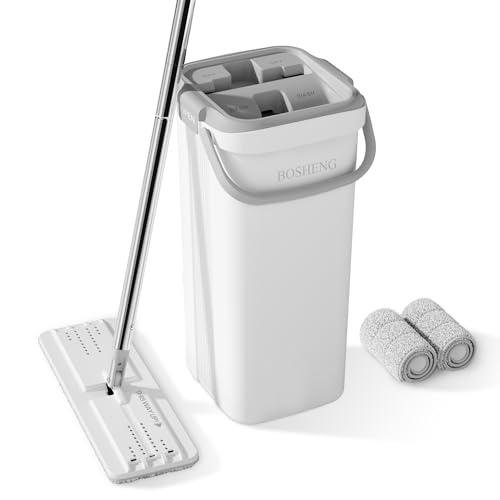 BOSHENG Mop and Bucket Set, Flat Mops for Floor Cleaning, Wall Mop with 60" Extensible Handle, Hardwood Floor Mop with 2 Microfiber Pads - color: White, size: 1 Bucket [White] + 60" Mop + 2 Grey Pads