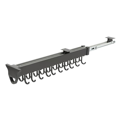 Aluminum Alloy Pull Out Broom Holder, 66lbs Load-Bearing broom storage, 20-Hook Multifunctional Slide Organizer, Cabinet Wall Mounted for Kitchen, Garage, Closet