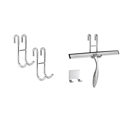 Simtive 12-Inch Shower Squeegee (Includes 1 Shower Door Hook and 1 Adhesive Hook), Shower Door Hooks (2-Pack), Both Silver, 2 Item Bundle
