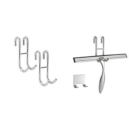 Simtive 12-Inch Shower Squeegee (Includes 1 Shower Door Hook and 1 Adhesive Hook), Shower Door Hooks (2-Pack), Both Silver, 2 Item Bundle