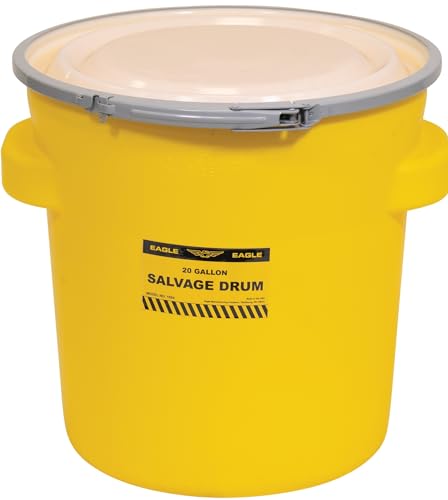 Eagle 20 Gallon Plastic Drum with Lid, Metal Lever-Lock, 20.4"x20.9", Salvage Drum Made of Durable, Lightweight HDPE, Withstands Weather and Chemicals, Made in USA, Yellow, 1654 - size: 20 Gallon, style: Metal Lever-Lock