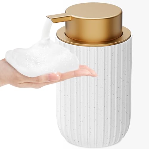 Ceramic Foaming Soap Dispenser, 12 oz Bathroom Foam Hand Soap Dispenser, Refillable Lotion Soap Dispenser with Removable Pump for Kitchen Hand Wash Dispenser, Modern Home Decor (Speckled White) - color: White Gold-1pack