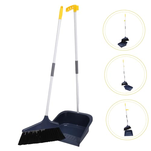 BESTonZON Broom and Dustpan Set for Home Long Handle Dust Pan and Broom for Indoor Outdoor Heavy Duty Broom Dustpan Set for Kitchen Lobby Office Upright Standing Dustpan Blue