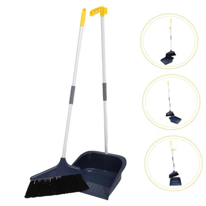 BESTonZON Broom and Dustpan Set for Home Long Handle Dust Pan and Broom for Indoor Outdoor Heavy Duty Broom Dustpan Set for Kitchen Lobby Office Upright Standing Dustpan Blue