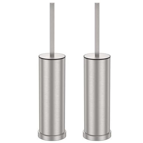 Stain Nickel Toilet Brush and Holder Set，2 Pack Stainless Steel Heavy Duty Toilet Bowl Brush，Extra Long Handled Toilet Cleaner Brush with Replaceable Head, Removable Inner Bowl & Splash Protection - color: Nickel, size: 2 Pack