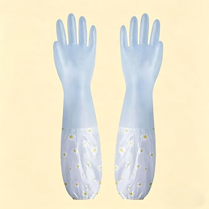 1 Pair L Code Reusable Rubber Dishwashing Gloves,Long Waterproof Cleaning Gloves with Elastic Cuffs for Kitchen Laundry Gardening Household(Blue)
