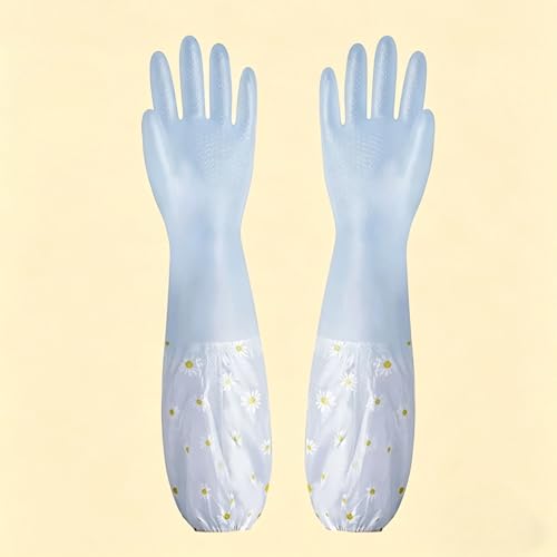 1 Pair L Code Reusable Rubber Dishwashing Gloves,Long Waterproof Cleaning Gloves with Elastic Cuffs for Kitchen Laundry Gardening Household(Blue)