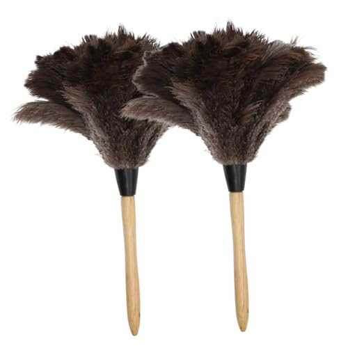 Ostrich Feather Duster with Wooden Handle 14" – Natural Reusable Feather Duster for Cleaning, Furniture & Shelves, Blinds, Ceiling Fan, Dusting Tool for Home, Office, Delicate Surfaces - 2 Pack - size: 2 Pack