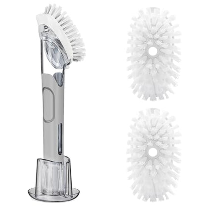 Soap Dispensing Replacement Dish Brush Storage Set with 2 PCS Brush Refills & Holder - RIMAY Dispenser Scrub Cleaning Scrubber Kitchen Dishwashing Dish Wand Handle for Dishes/Pans/Pots/Sink(Grey) - color: Gray
