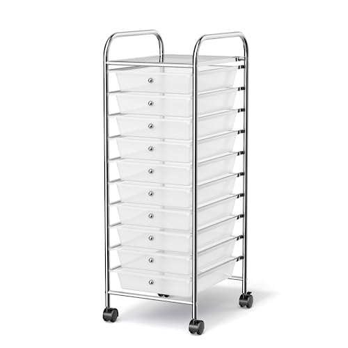 MEDIMALL 10 Drawers Rolling Storage Cart, Multipurpose Craft Storage Cart with Wheels, Mobile Tools Scrapbook Paper Organizer Cart for Office School Home Use (Clear) - color: Clear