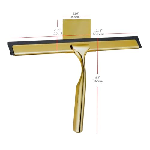 J&V TEXTILES All-Purpose Stainless Steel Shower Squeegee for Glass Doors with Adhesive Hooks, Squeegee for Shower Glass, Bathroom Household Cleaner Tool, 10 Inch (Gold) - color: Gold