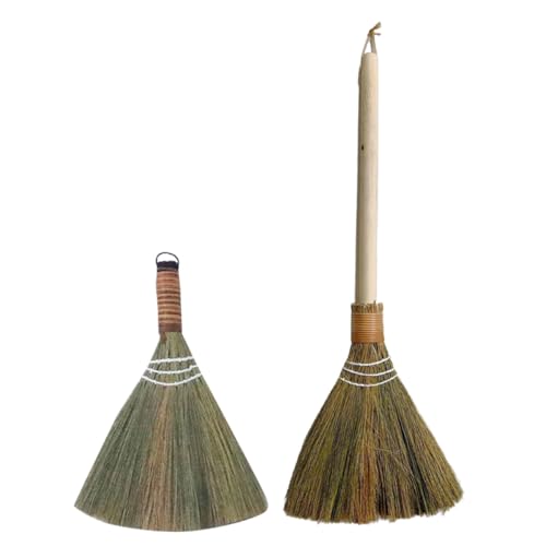 Abaodam 2pcs Hand Woven Brooms with Detachable Long Handle, Soft Straw Multipurpose Desk and Floor Cleaning Sweeper for Home Dust Removal