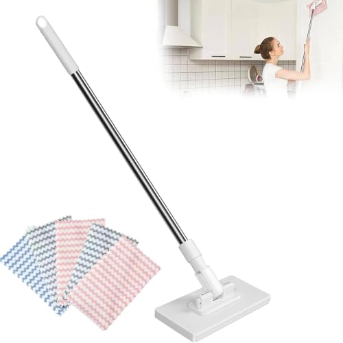 Hands Free Multi Purpose Flat Mop – Clip to Grip,39in Long Zero Touch Mini,for Wall Bathroom Toilet Corners Multi-Surface (1*mop+5*Cloth)