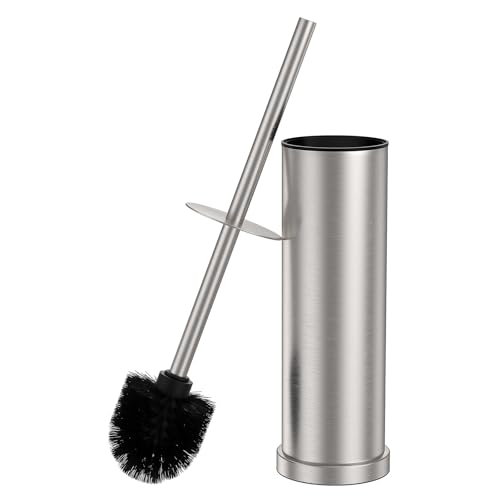 Stain Nickel Toilet Brush and Holder Set，Stainless Steel Heavy Duty Toilet Bowl Brush，Extra Long Handled Modern Toilet Cleaner Brush with Replaceable Head, Removable Inner Bowl, and Splash Protection - color: Nickel, size: 1 Pack