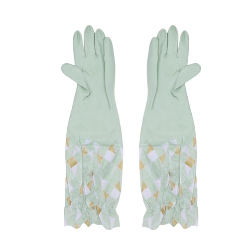 RARITYUS Household Kitchen Cleaning Gloves Waterproof Cotton Lined Dishwashing Non-Slip Long Cuff Gloves - color: Green (Length 19.29'')