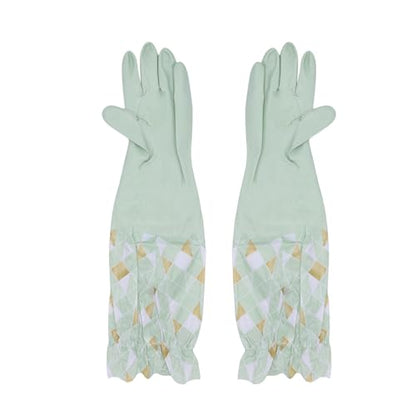 RARITYUS Household Kitchen Cleaning Gloves Waterproof Cotton Lined Dishwashing Non-Slip Long Cuff Gloves - color: Green (Length 19.29'')