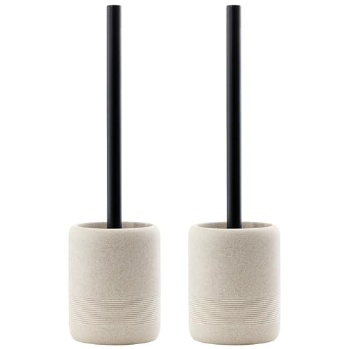 Toilet Brush and Holder Set, 2 PCS Decorative Toilet Bowl Brush and Holder Set Bathroom Aceessories Toilet Scrubber Brush Set with Heavy-Weight Resin Base with Long Handle (Beige) - color: Beige