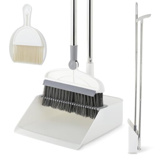 Broom with Dustpan Combo Set, 2 in 1 Broom and Dustpan Set with Long Handle, Upright 180° Rotating Broom with Brush and Lightwight Dust Pans for Home Kitchen Room Office Lobby Floor Cleaning，White
