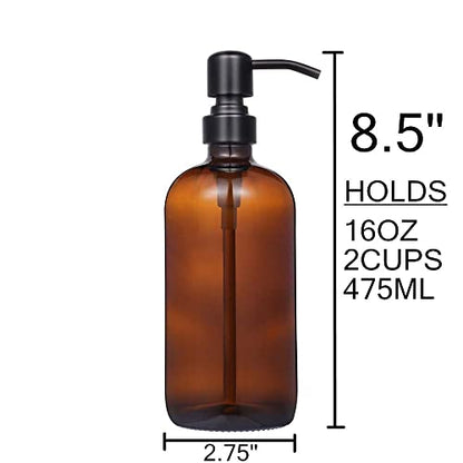 2 Pack Thick Amber Glass Pint Jar Soap Dispenser with Silver Stainless Steel Pump, 16ounce Boston Round Bottles Dispenser with Rustproof Pump for Essential Oil, Lotion Soap - color: Matte Black 1