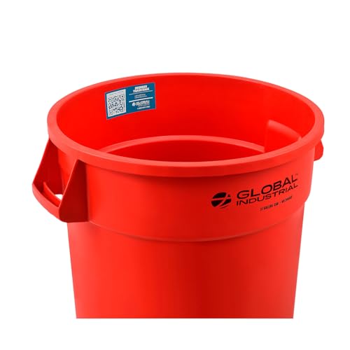 Global Industrial Commercial Round Trash Can, 32 Gallon Capacity, Plastic Garbage Can, Indoor and Outdoor Utility Trash Can, Red, 21-3/4"W x 27-1/2"H, No Lid - color: Red