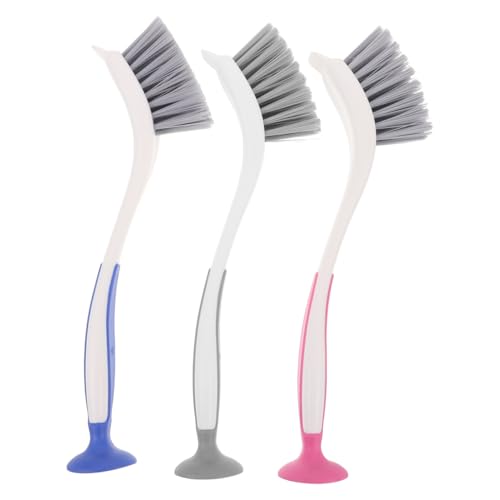 Healeved 3-Pack Kitchen Sink Brushes for Cleaning with Long Handle and Suction Cup Stand Dish Scrubbing Brush for Pots Pans and Hard-to-Reach Areas