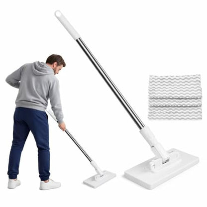 Zero-Touch Mini Mop with Snap Grip, Flat Floor Sweeper Stick with Strong Clips, Hands-Free Cloth Changing, Wet & Dry Mop for Home Cleaning Ten Reusable Rags are Given as a Gift