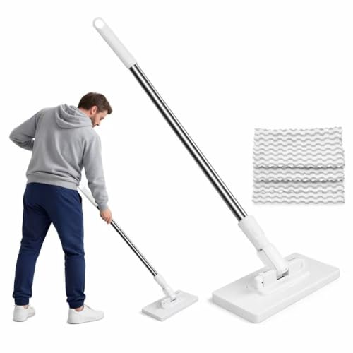 Zero-Touch Mini Mop with Snap Grip, Flat Floor Sweeper Stick with Strong Clips, Hands-Free Cloth Changing, Wet & Dry Mop for Home Cleaning Ten Reusable Rags are Given as a Gift