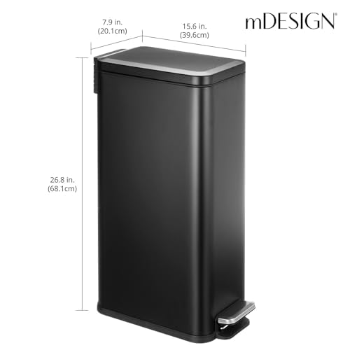 mDesign Slim Metal Rectangle 7.9 Gallon Trash Can with Step Pedal, Easy-Close Lid, Removable Liner - Narrow Wastebasket Garbage Container Bin for Bathroom, Bedroom, Kitchen, Office - Black - color: Black, size: 7.9 Gallon
