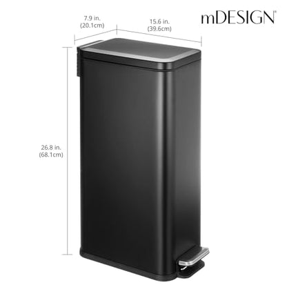 mDesign Slim Metal Rectangle 7.9 Gallon Trash Can with Step Pedal, Easy-Close Lid, Removable Liner - Narrow Wastebasket Garbage Container Bin for Bathroom, Bedroom, Kitchen, Office - Black - color: Black, size: 7.9 Gallon